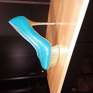Teal stilettos with gold heels.